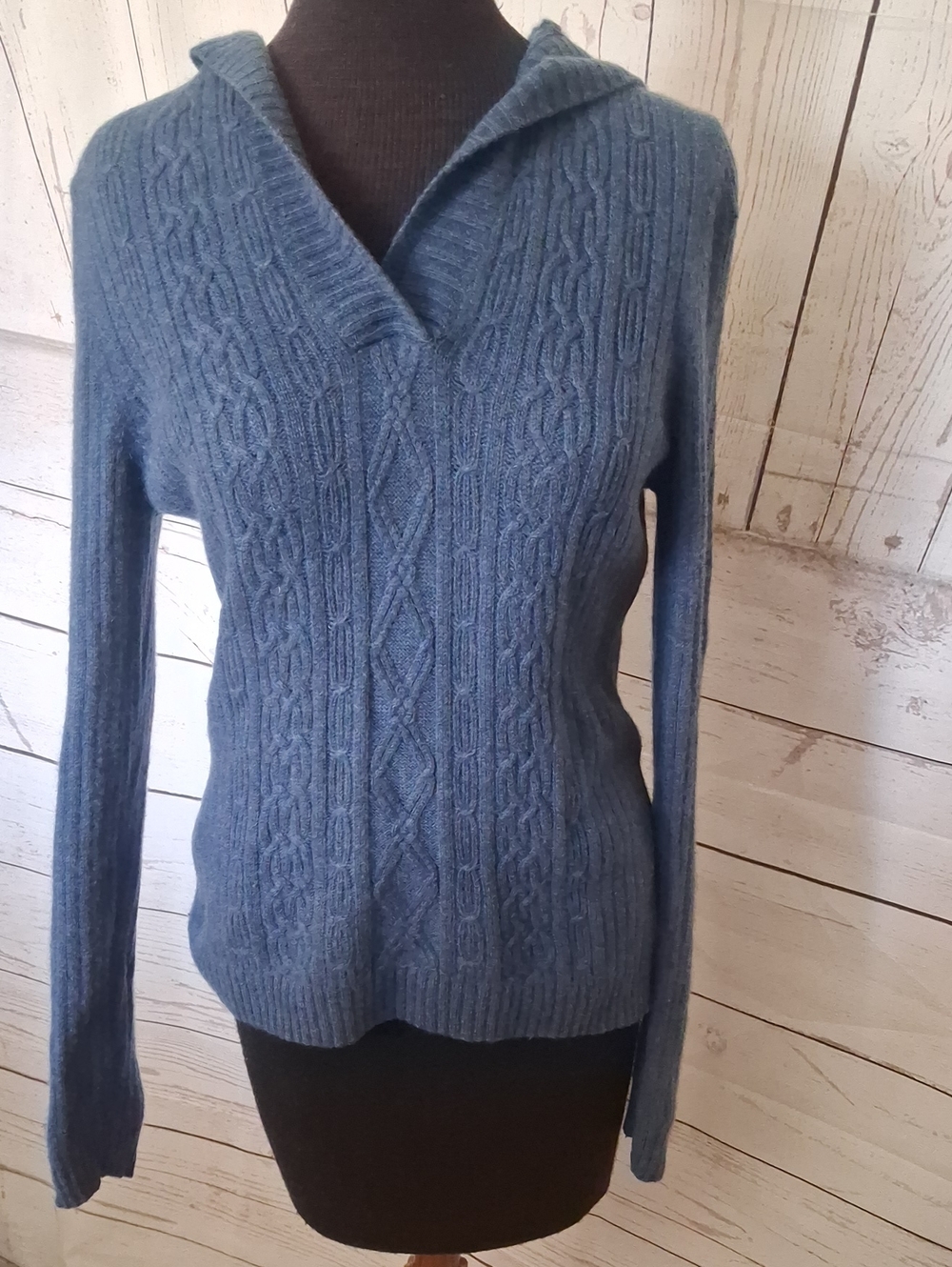 Elena Solano Blue Cable-Knit V-Neck Cashmere Hoodie Sweater Women's Size L